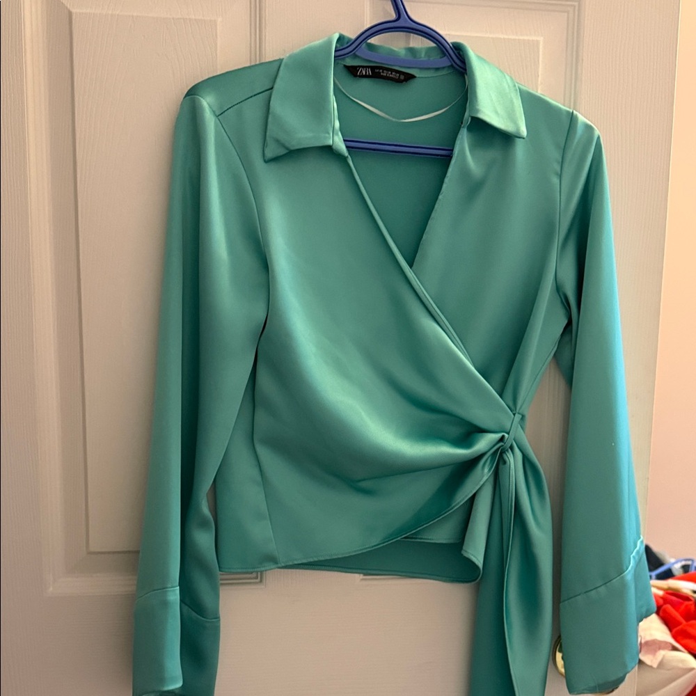Zara Women's Aqua Wrap Satin Blouse
